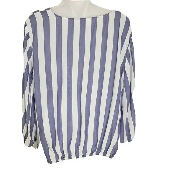 Olive + Oak Womens Blouse Size XL Blue White Striped Button Up Tie Elastic Waist - Picture 2 of 10
